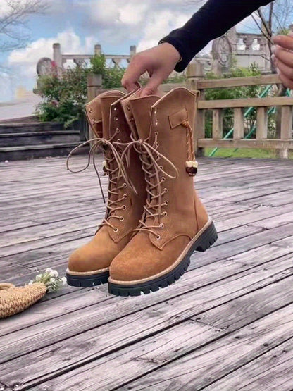 Bottes hautes camel lacées avec fermeture éclair latérale et semelle crantée pour femme