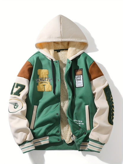 Blouson Teddy Homme Vert et Crème Doublé Capuche Style Universitaire