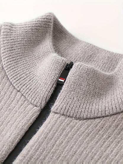 Pull Homme Col Montant Zippé Rayures Horizontales Beige Chaud