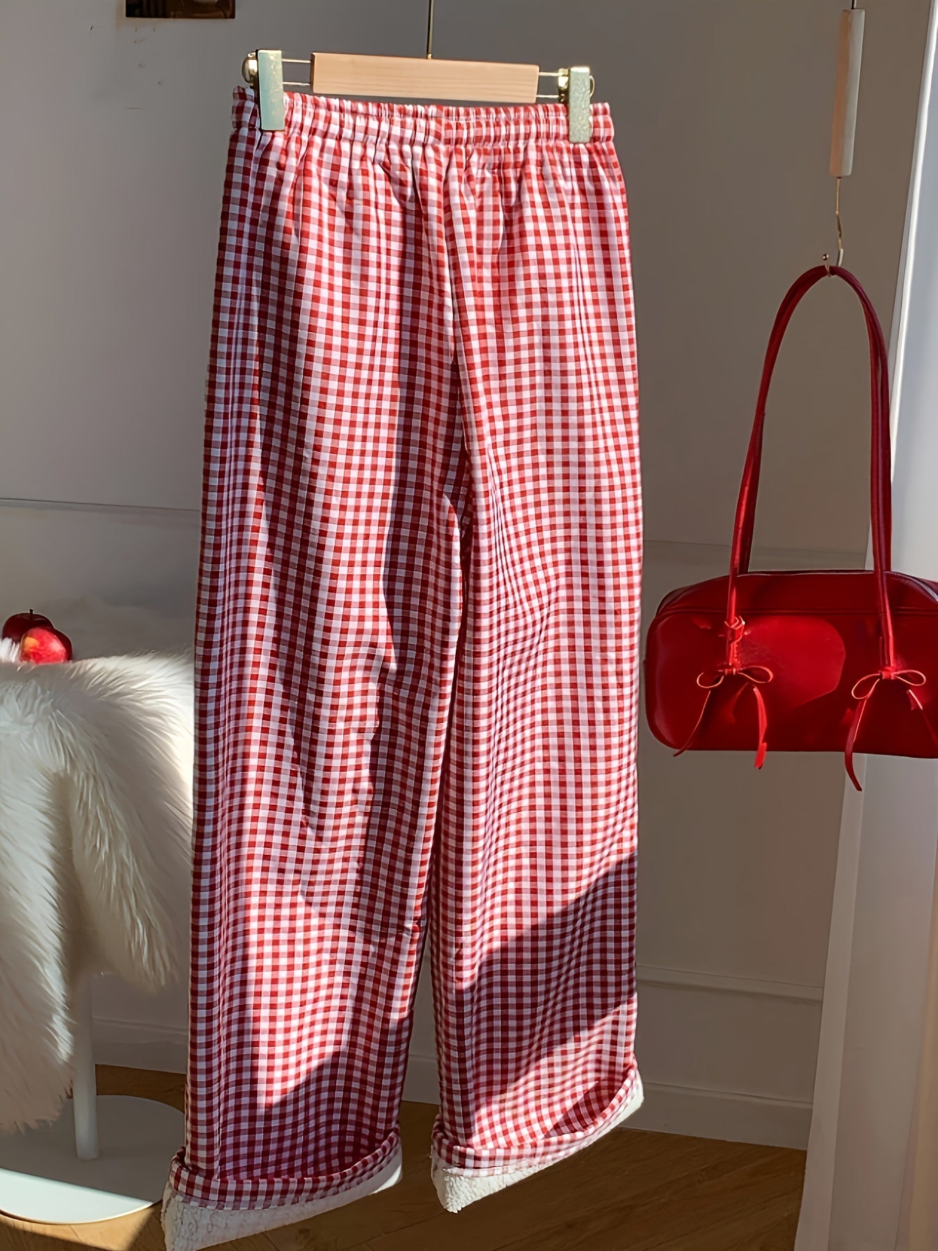Pantalon de pyjama Doux Vichy Carreaux Rouges et Blancs Doublé Polaire pour Femme