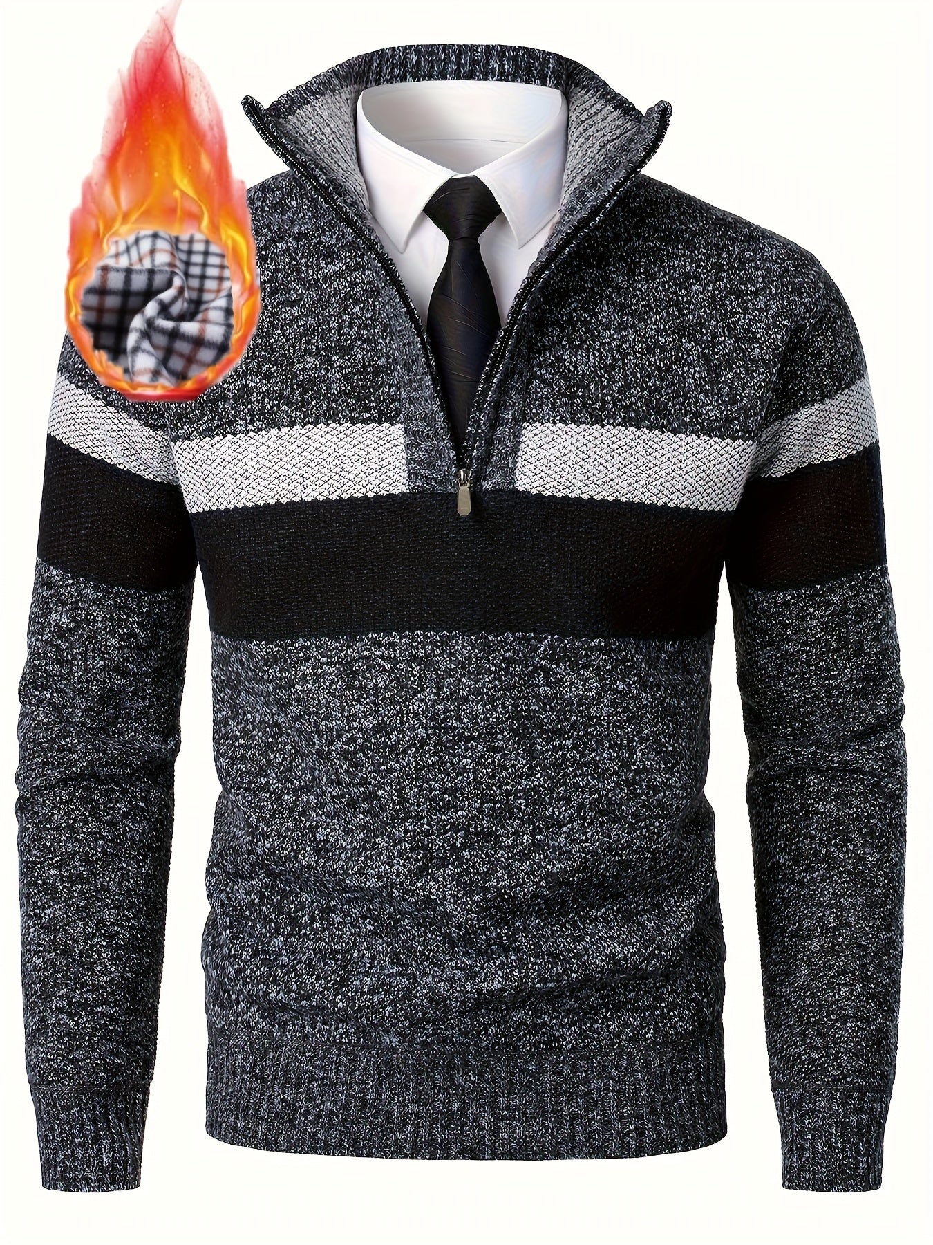 Pull homme tricoté à rayures, col montant zippé, doublure polaire beige et marron