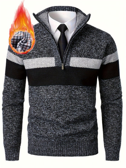 Pull homme tricoté à rayures, col montant zippé, doublure polaire beige et marron