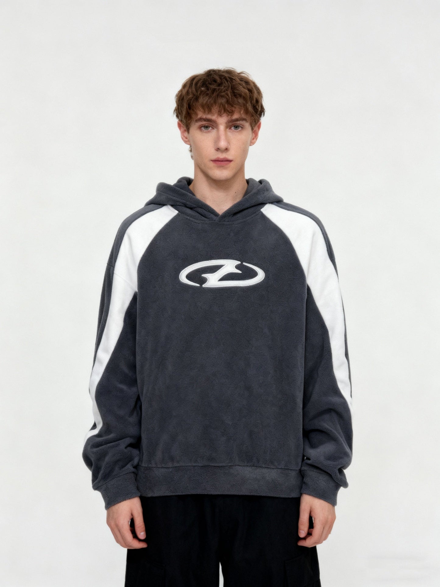 Sweat à Capuche Homme Bicolore Gris Anthracite Blanc Col Roulé Sportif Décontracté