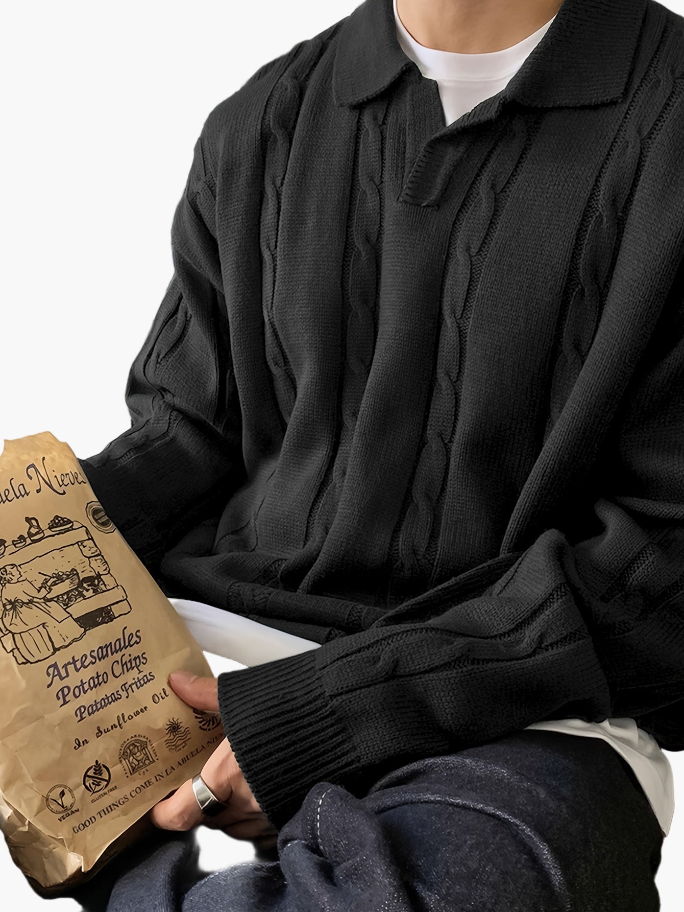 Maglione polo casual da uomo stile intrecciato maniche lunghe per tempo libero e uscite
