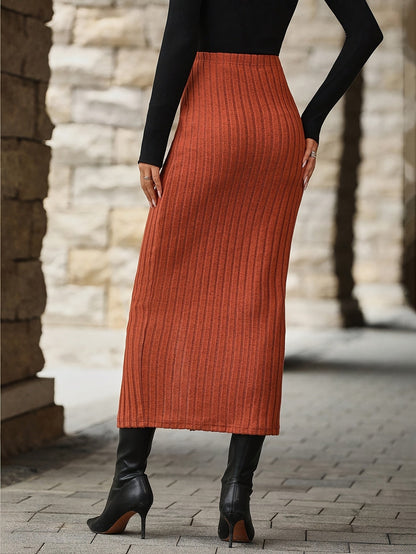 Jupe longue côtelée femme boutonnée fendue taille haute