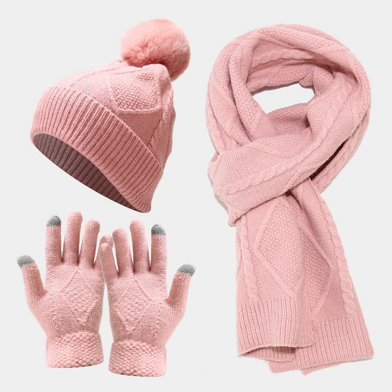 Set met wintermuts, sjaal en touchscreenhandschoenen - ruitmotief, geel
