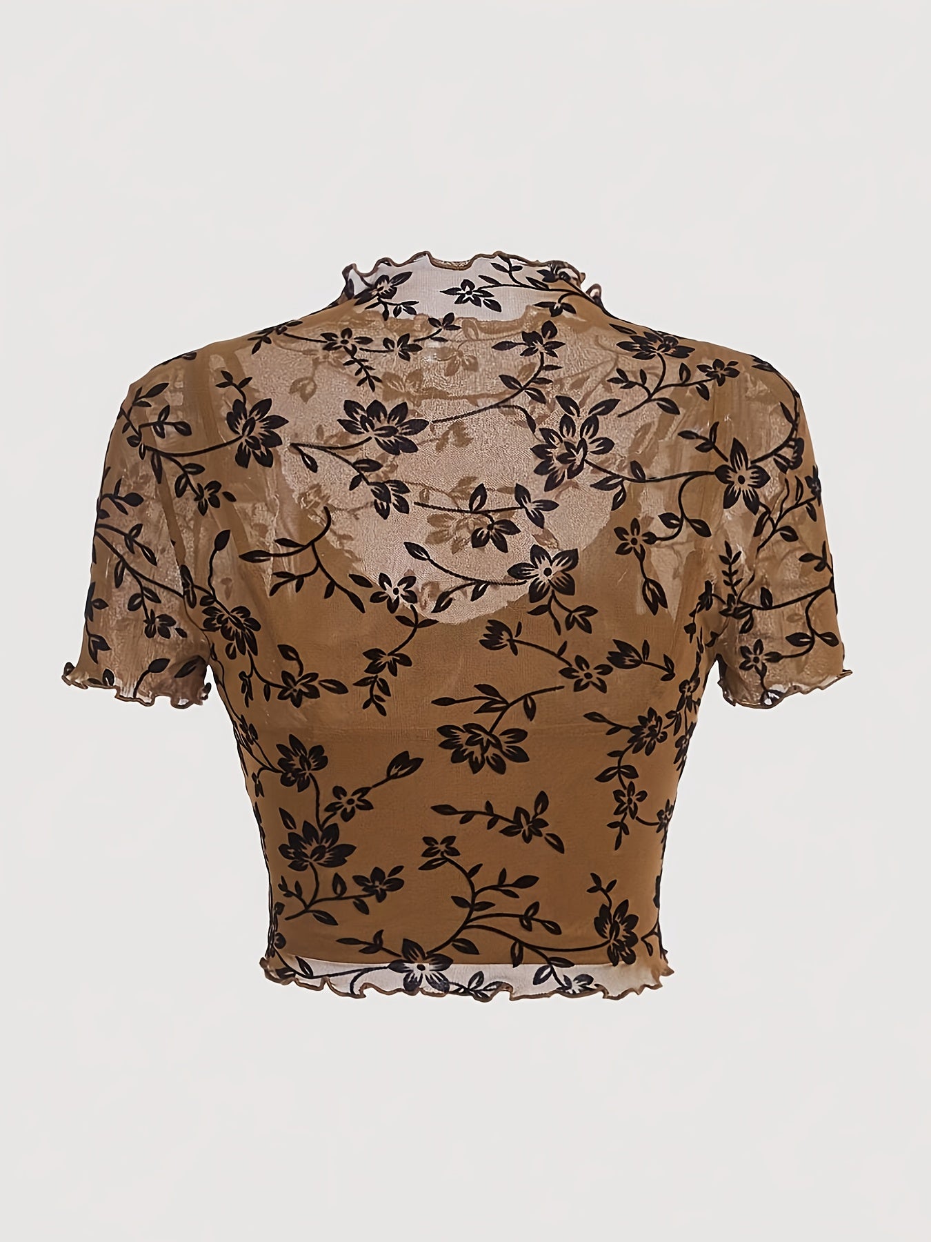 Top donna stile elegante con stampa floreale trasparente e collo alto