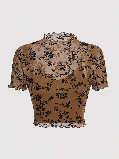 Top donna stile elegante con stampa floreale trasparente e collo alto