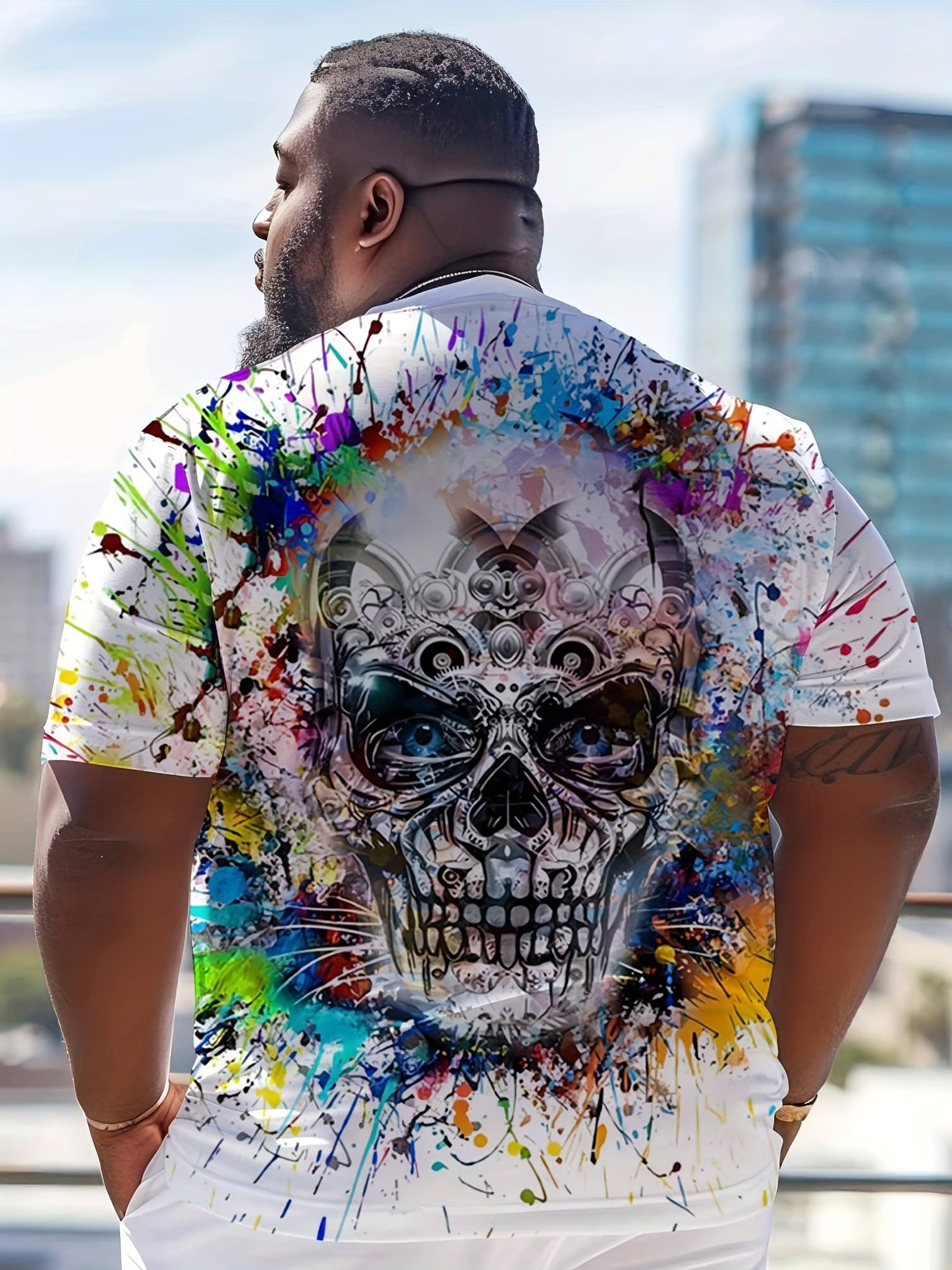 Herren T-Shirt große Größe urbaner Stil mit künstlerischem Totenkopf-Motiv