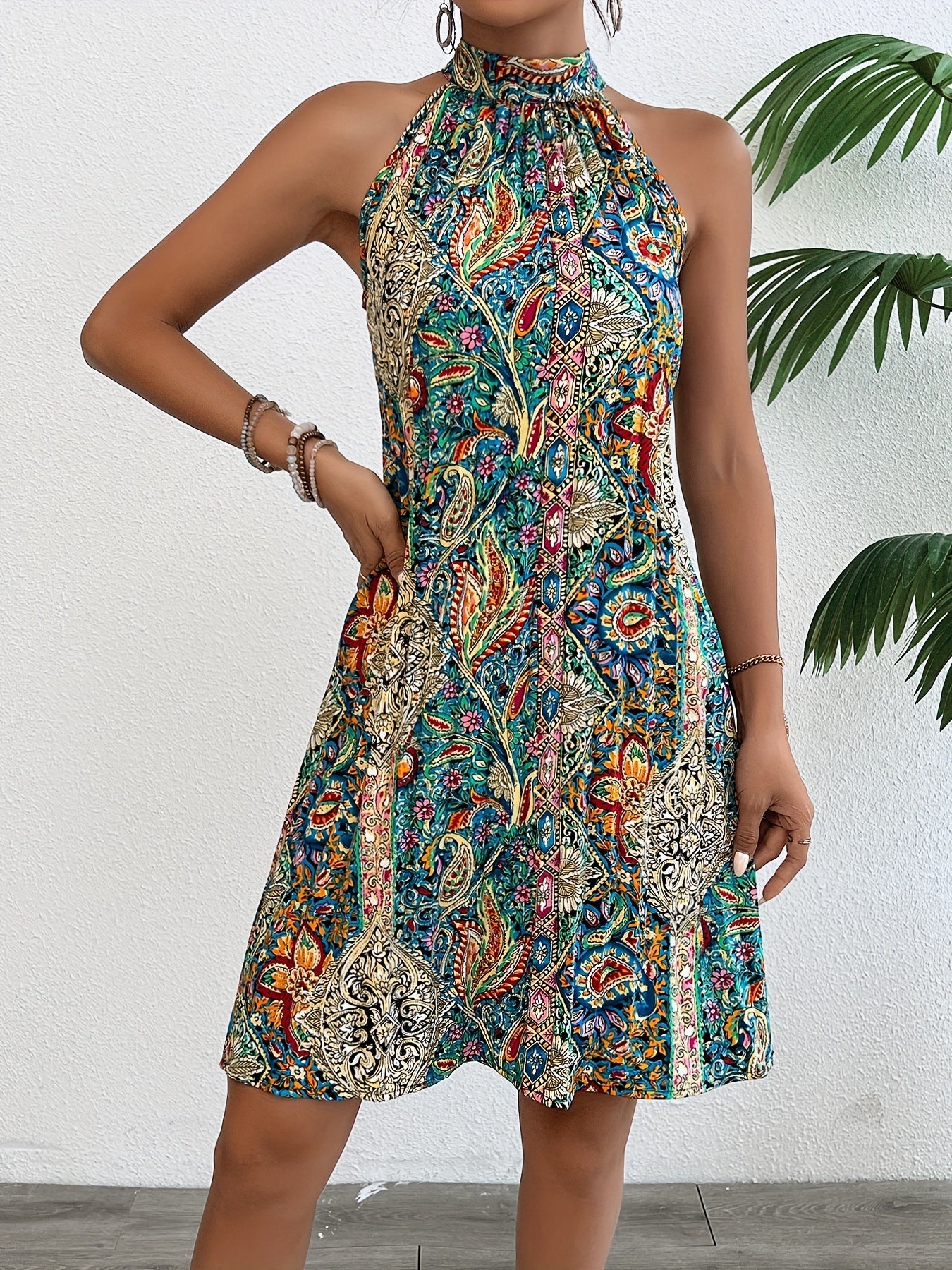 Robe femme élégante style tunique à col halter imprimé géométrique d'été
