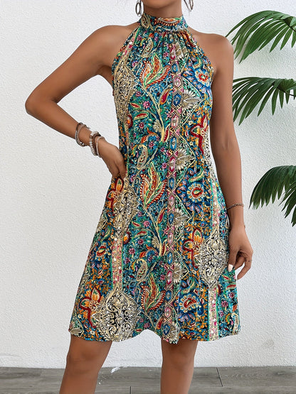 Robe femme élégante style tunique à col halter imprimé géométrique d'été