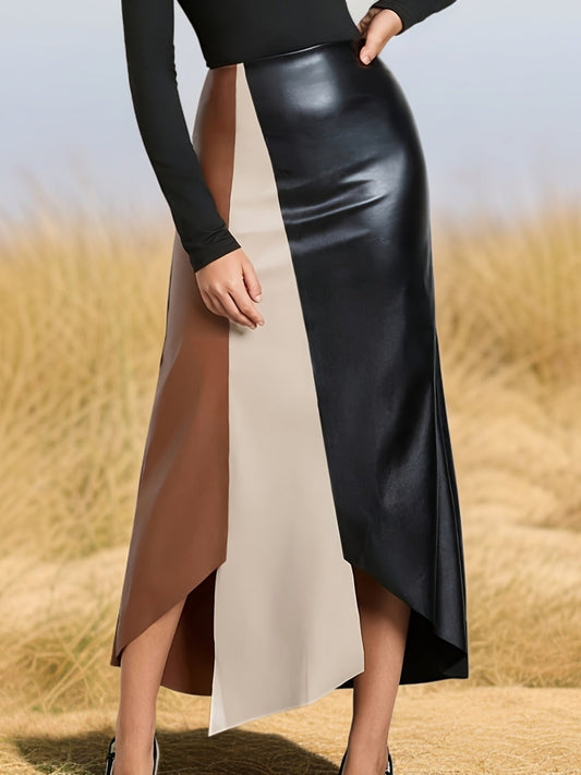Jupe longue asymétrique femme à blocs de couleurs finition brillante