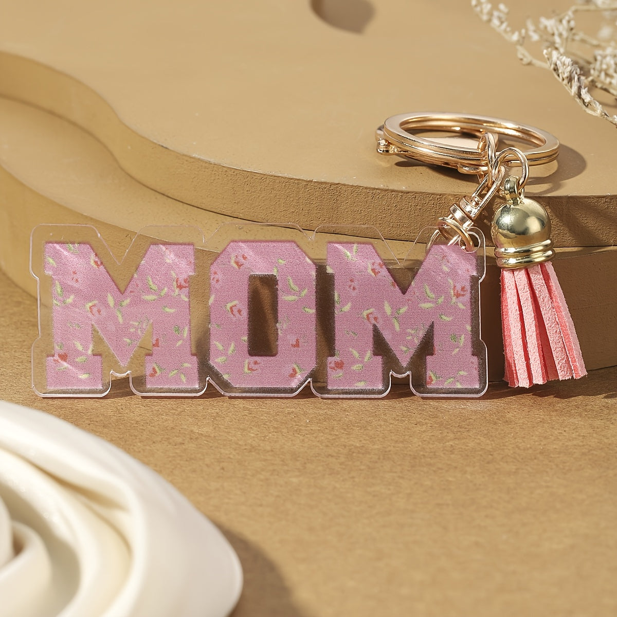 Portachiavi donna stile trendy per la festa della mamma con motivo floreale e cuore