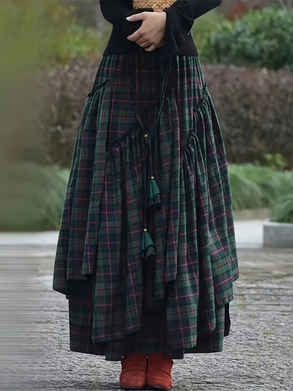 Jupe longue asymétrique à carreaux avec pompons Vert et rose