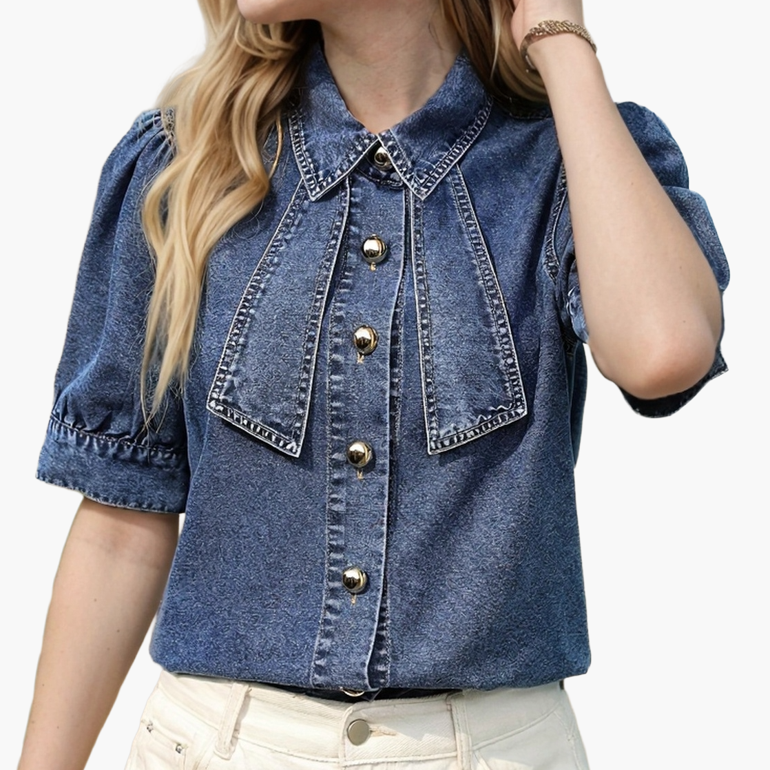 Chemisier en jean femme style élégant à manches courtes – Idéal printemps/été