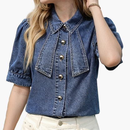 Chemisier en jean femme style élégant à manches courtes – Idéal printemps/été