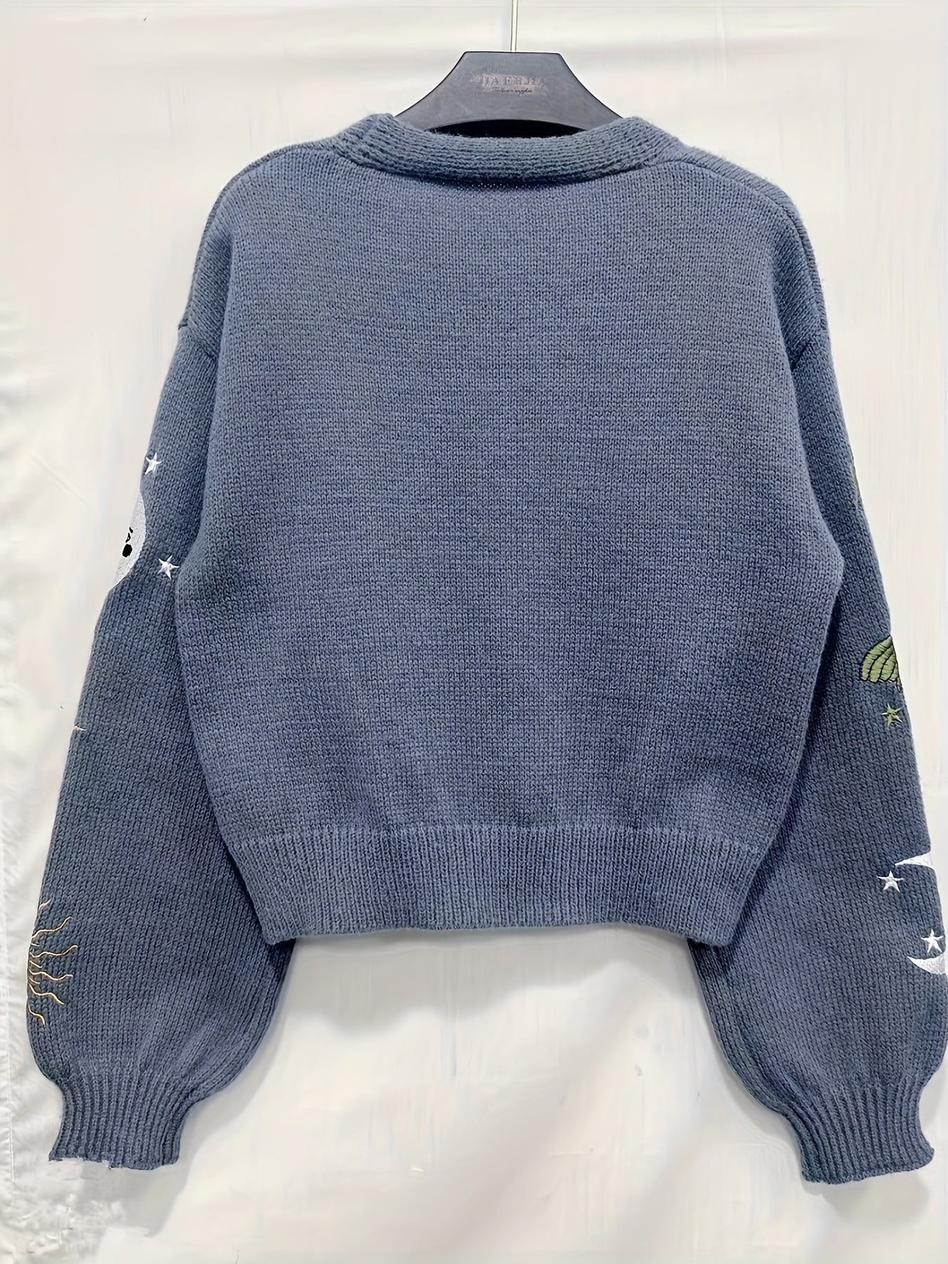 Cardigan court en maille pour femme, col en V, manches longues, motifs soleil et lune brodés