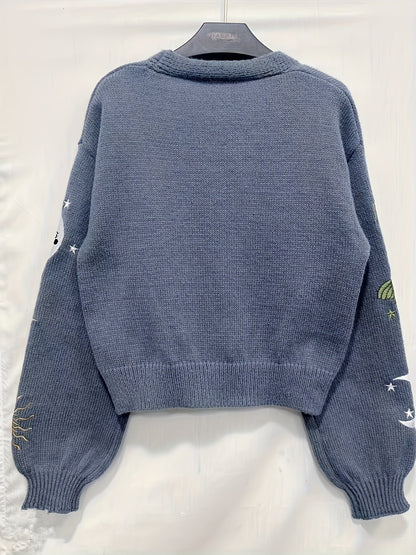 Cardigan court en maille pour femme, col en V, manches longues, motifs soleil et lune brodés