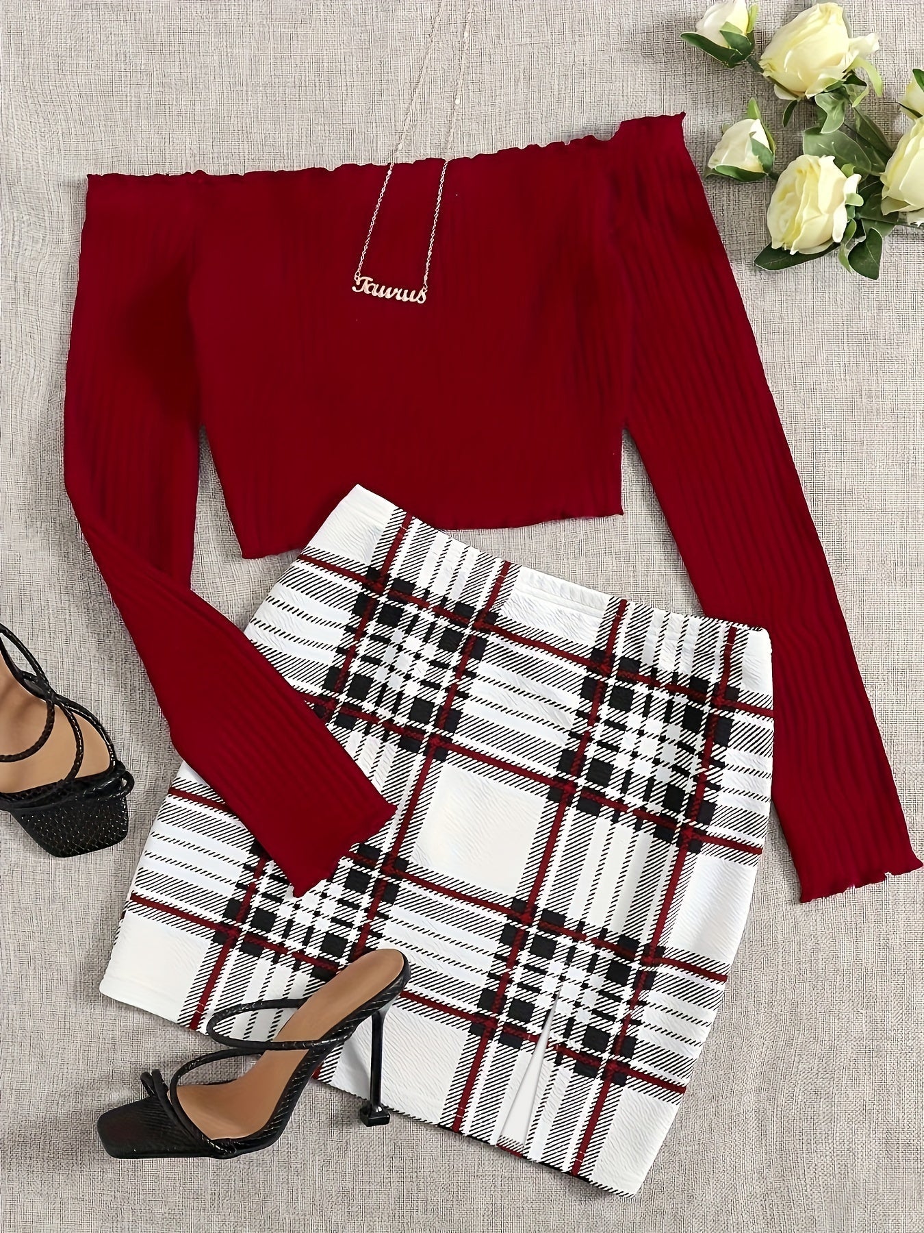 Conjunto de dos piezas para mujer estilo elegante falda a cuadros y top con hombros descubiertos para salidas primaverales y estivales