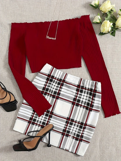 Conjunto de dos piezas para mujer estilo elegante falda a cuadros y top con hombros descubiertos para salidas primaverales y estivales