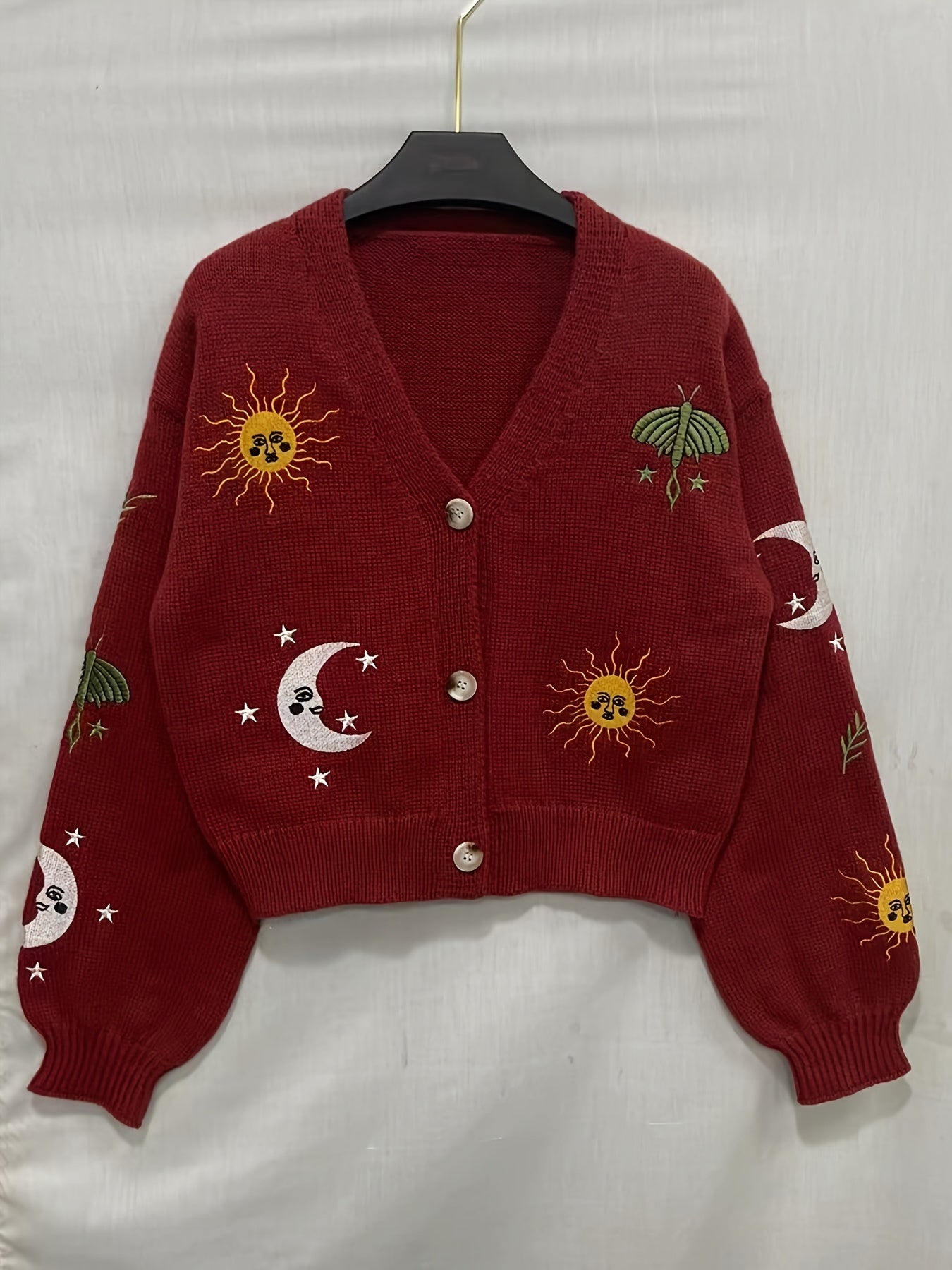 Cardigan court en maille pour femme, col en V, manches longues, motifs soleil et lune brodés