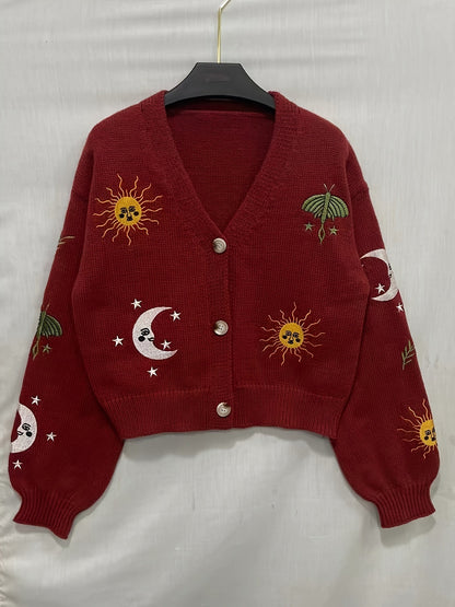 Cardigan court en maille pour femme, col en V, manches longues, motifs soleil et lune brodés