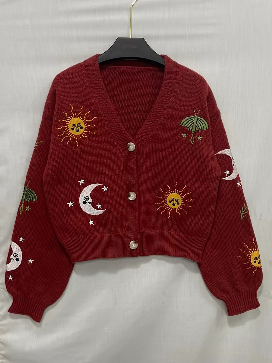 Kort strikket cardigan for kvinner med V-hals, lange ermer og broderte sol- og månemotiver