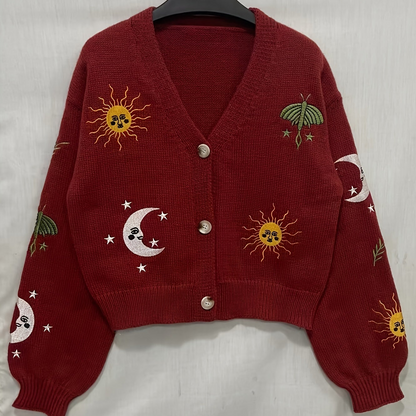 Cardigan court en maille pour femme, col en V, manches longues, motifs soleil et lune brodés