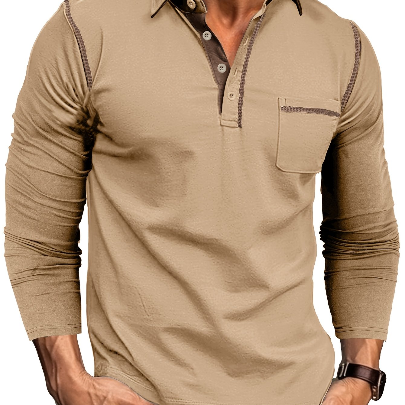 Polo Homme Manches Longues à Col Relevé avec Patte de Boutons et Poches Poitrine Décoratives