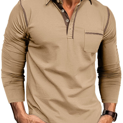 Polo Homme Manches Longues à Col Relevé avec Patte de Boutons et Poches Poitrine Décoratives