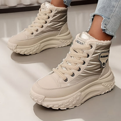 Bottes montantes femme fourrées crème brillantes lacets semelle épaisse