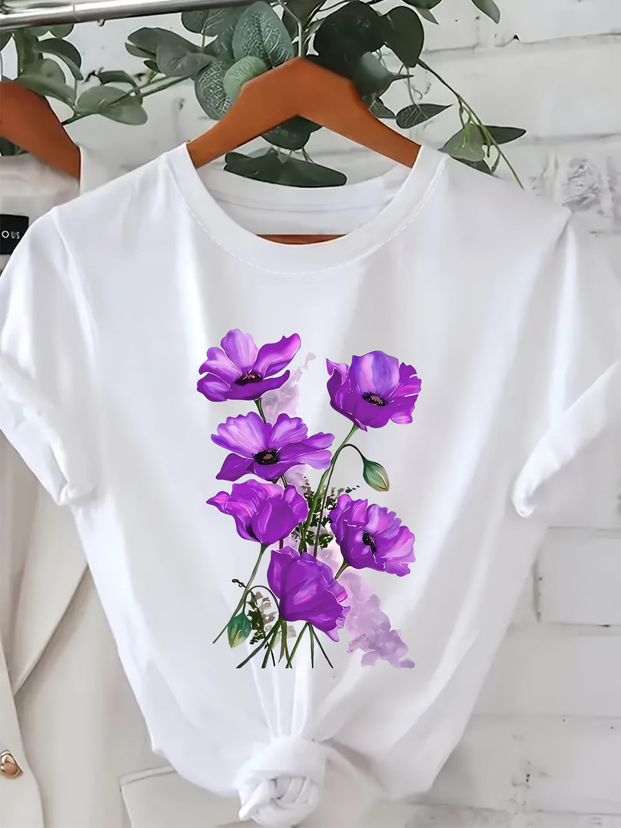 T-shirt Femme Style Décontracté à Imprimé Floral Artistique pour le Printemps et l'Été