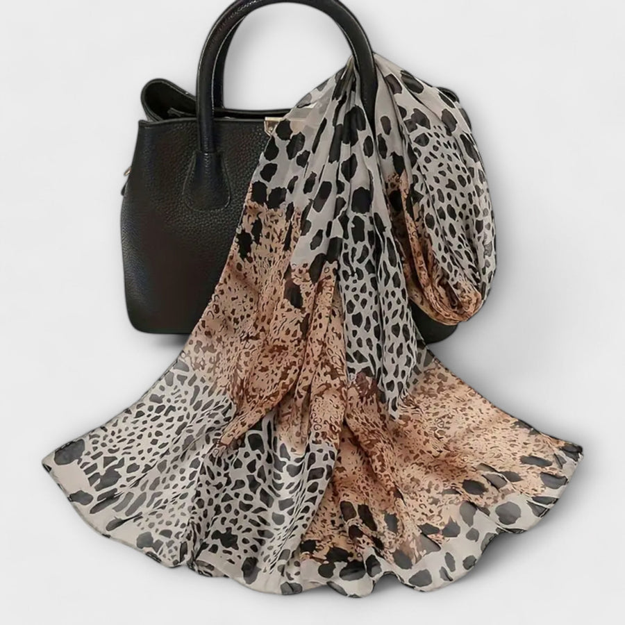 Women’s Scarf with Animal Print in Beige, Brown, and Black Tones