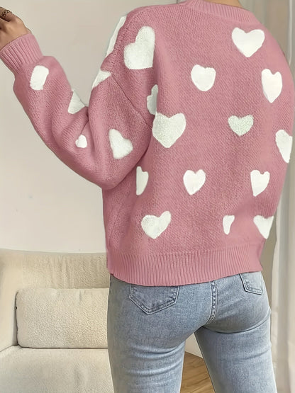 Pull col rond ample en maille blanc avec cœurs beiges
