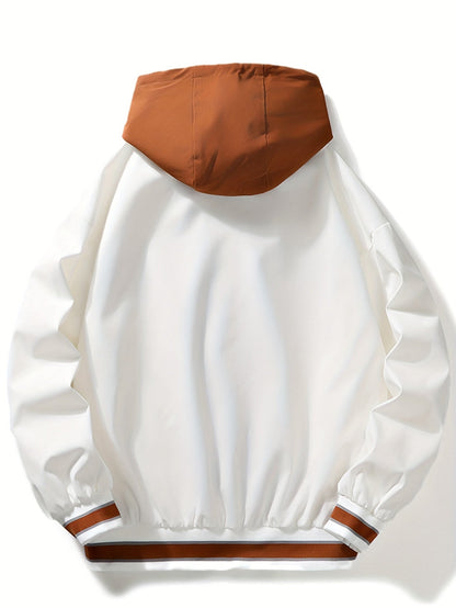 Veste universitaire bicolore blanche et marron pour homme avec capuche et inscription "DREAMS"