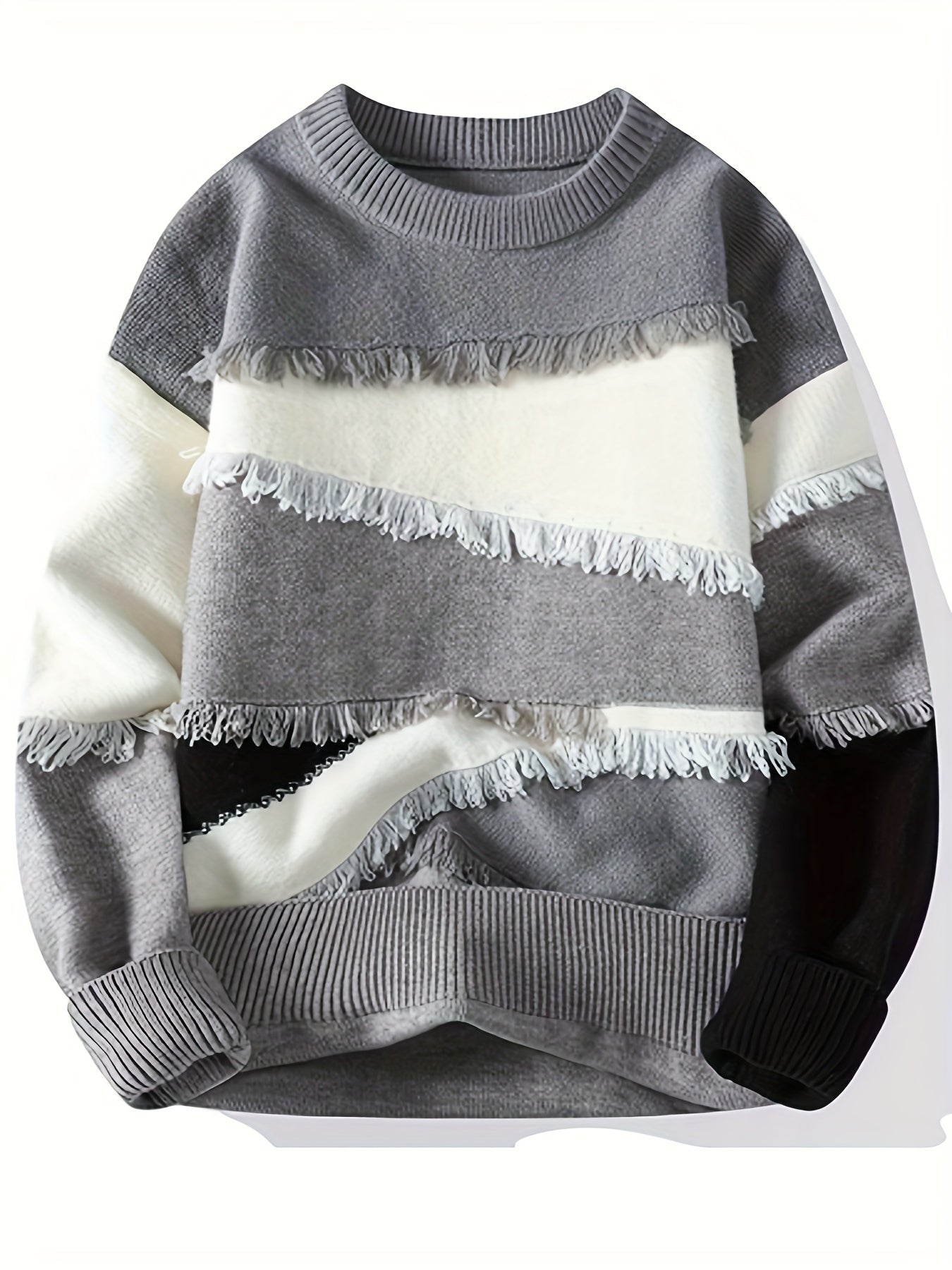 Pull Homme Col Rond Color Block à Franges Tricoté Décontracté