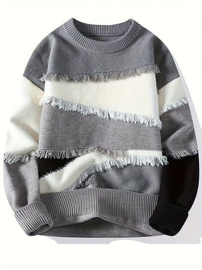 Pull Homme Col Rond Color Block à Franges Tricoté Décontracté
