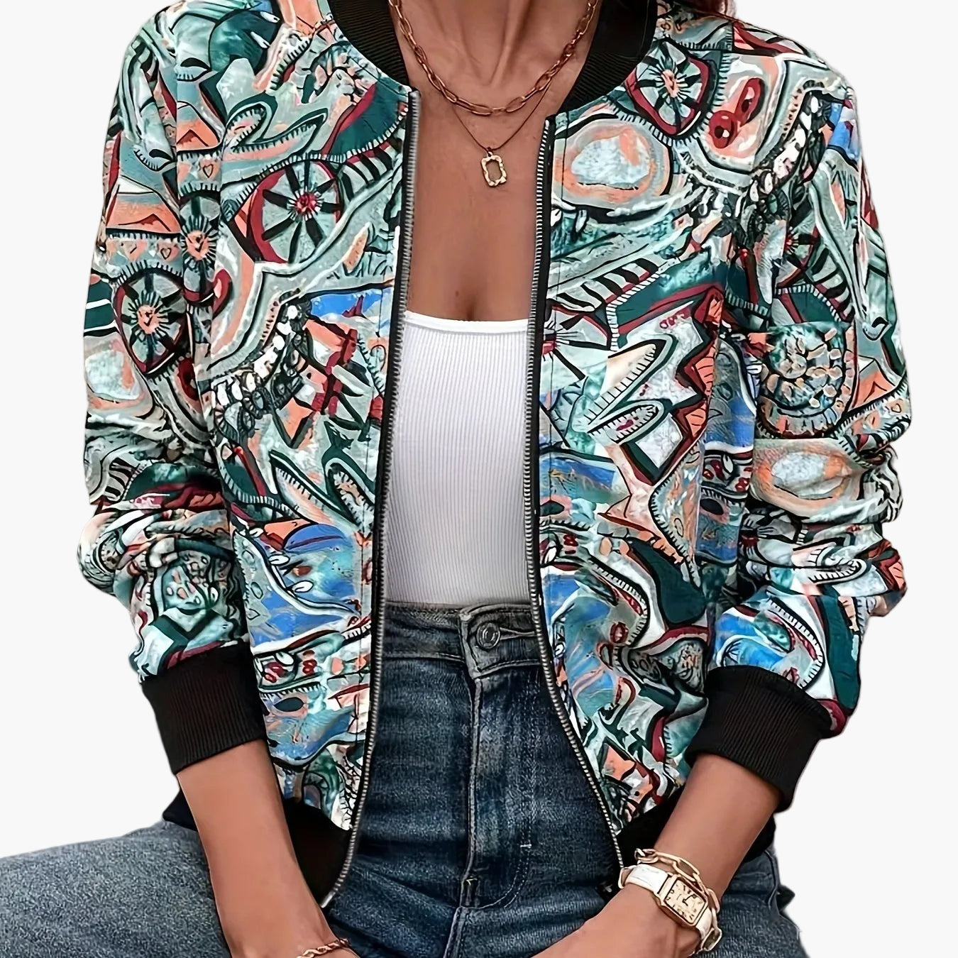 Lässige Damen-Bomberjacke mit grafischem Muster, Urlaubsstil