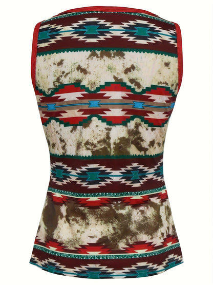 Débardeur femme style bohème à motif géométrique, col en V, boutons décoratifs, mode décontractée été