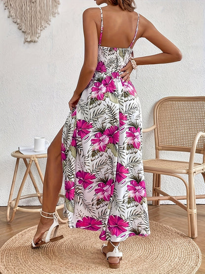 Elegant lang kjole til kvinder med blomsterprint og stropper til sommer og ferie