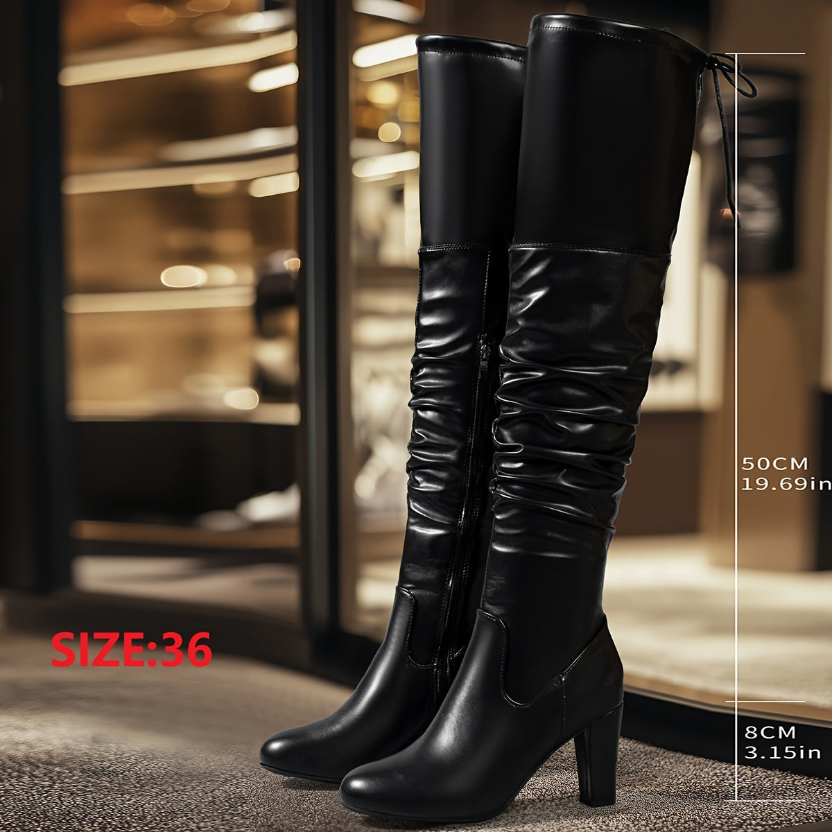 Bottes Noires Montantes Femme à Talon Carré et Effet Plissé
