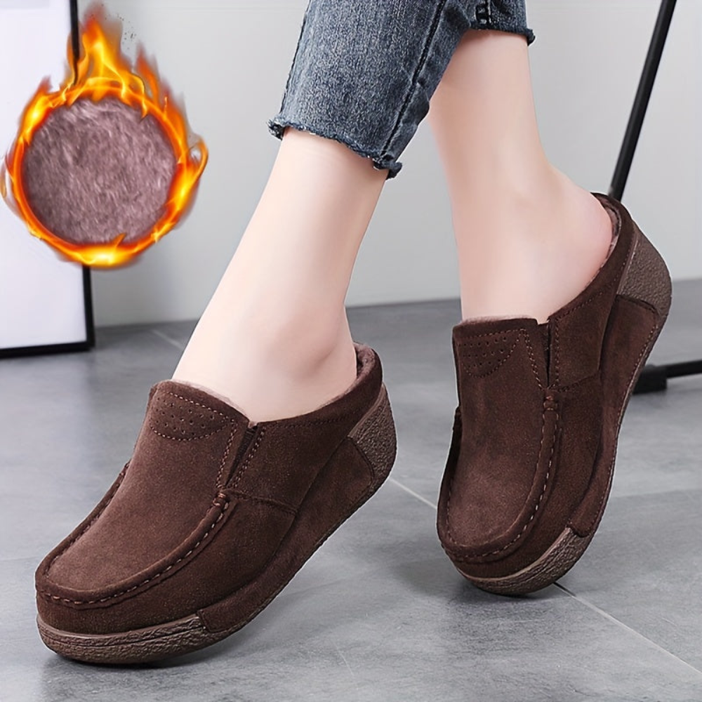 Mocassins Mule Femme Doublés Chauds Style Décontracté Marron