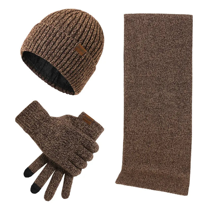 Conjunto de invierno de punto para hombre - Gorro, bufanda y guantes táctiles - Color liso