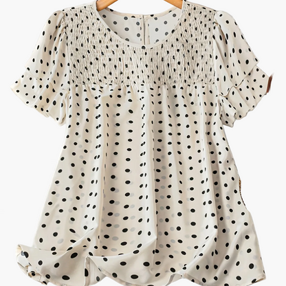 Elegant style feminine polka dot blouse with short sleeves and round neck for summer