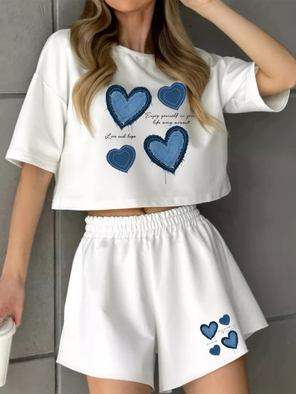 Pyjama d'intérieur décontracté pour femme avec imprimé cœurs bleus – Ensemble short et t-shirt, style cosy pour la maison