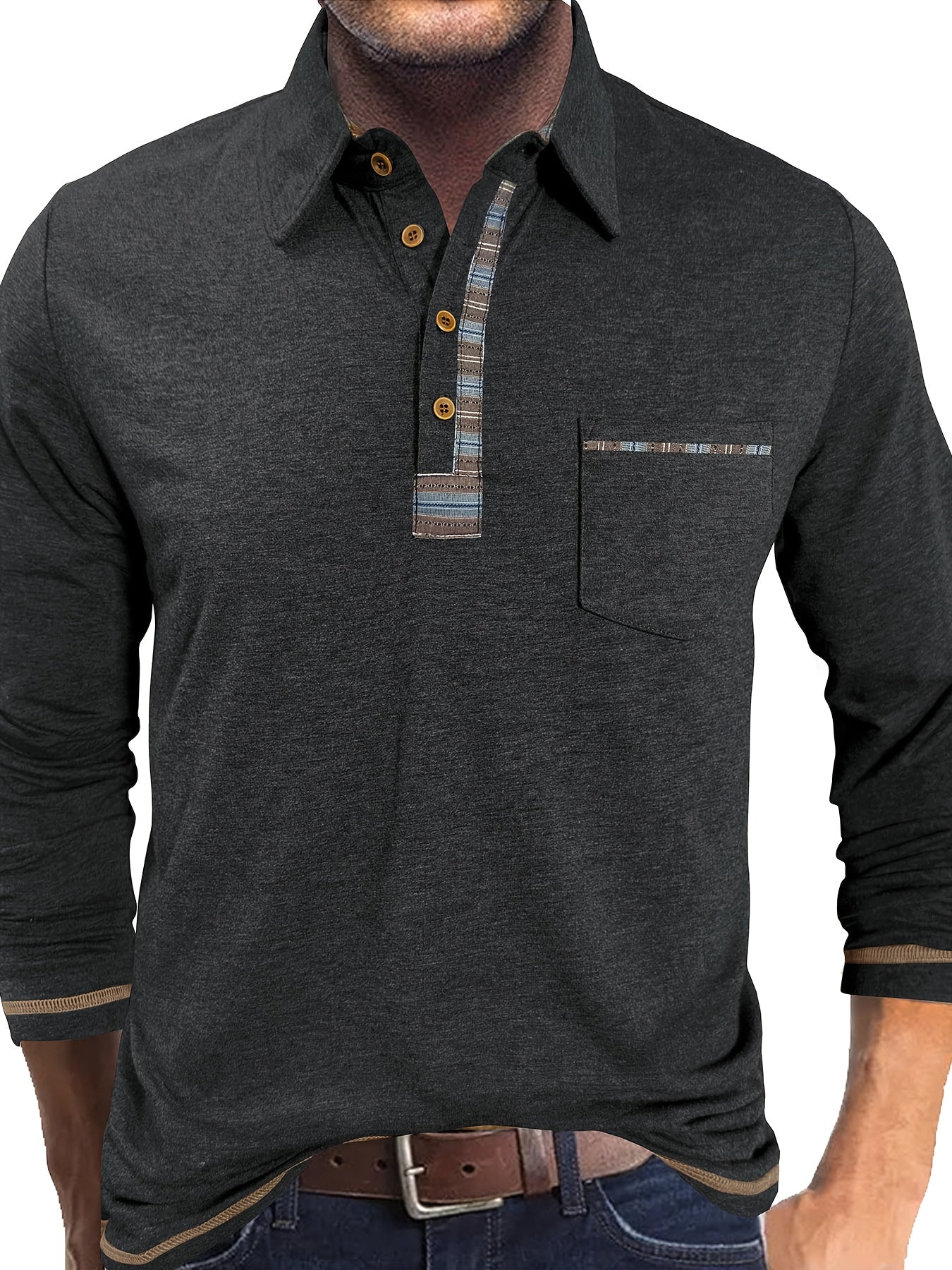 Polo Homme Manches Longues Détails Ethniques Boutons Beige