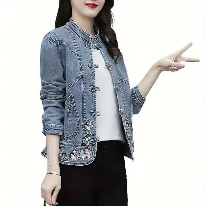 Veste en Jean Femme Col Mandarin Boutons Brandebourg Broderie Papillons