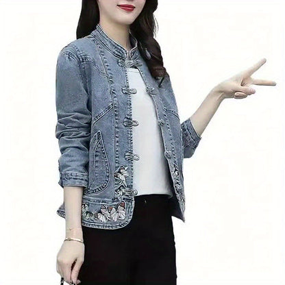Veste en Jean Femme Col Mandarin Boutons Brandebourg Broderie Papillons