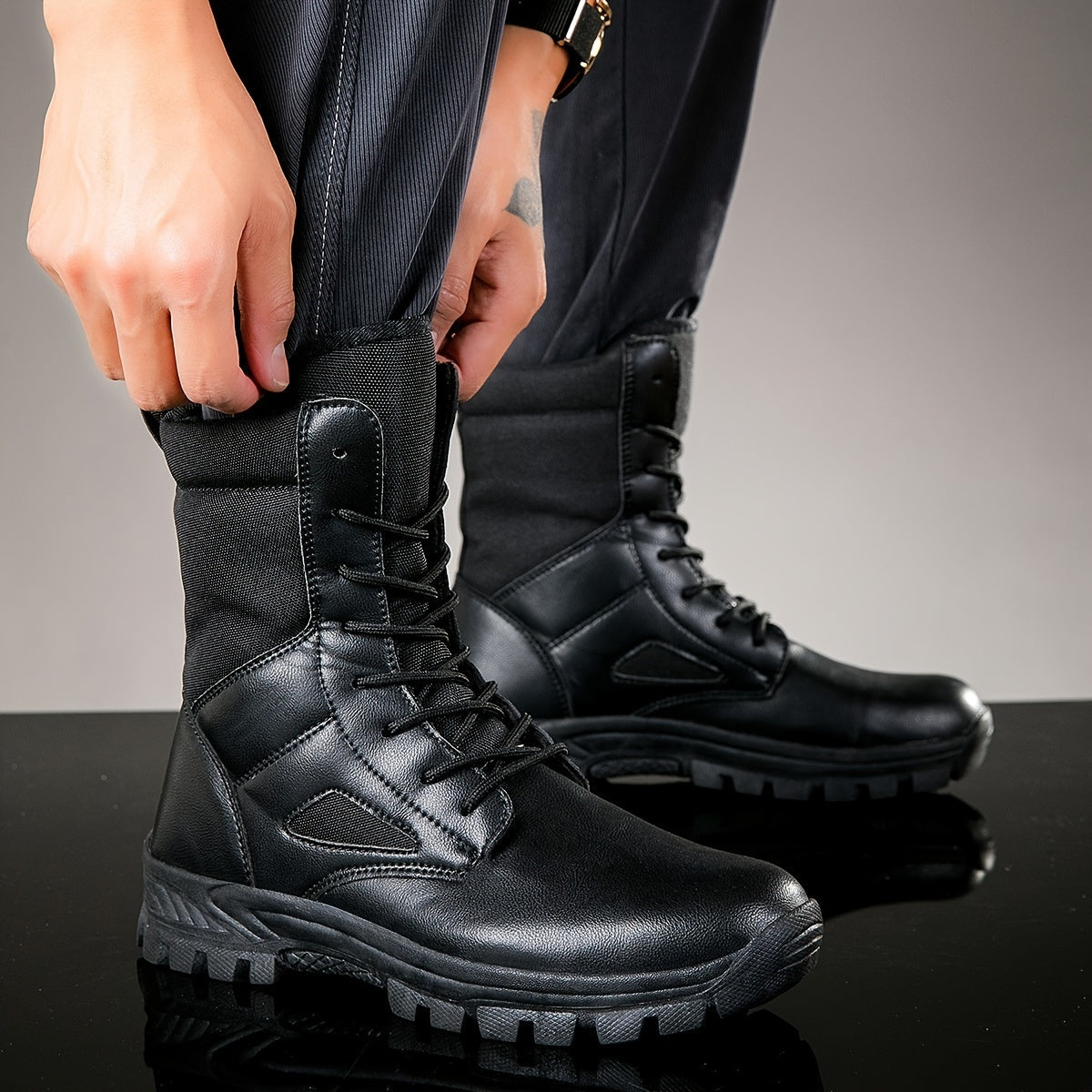 Bottes hautes tactiques à lacets pour homme, robustes et antidérapantes
