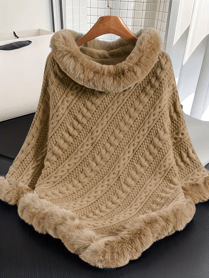 Poncho Femme Tricoté Bleu Marine avec Col et Bordure en Fourrure Synthétique